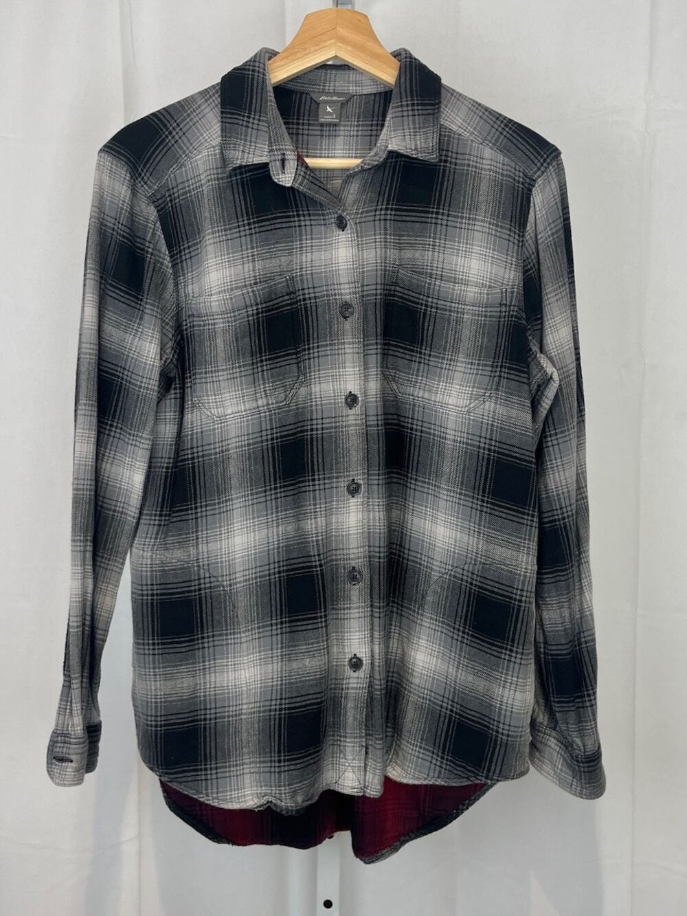 EDDIE BAUER Plaid Flannel Button Down Shirt Jacket Long Sleeve Cotton Gray Red S